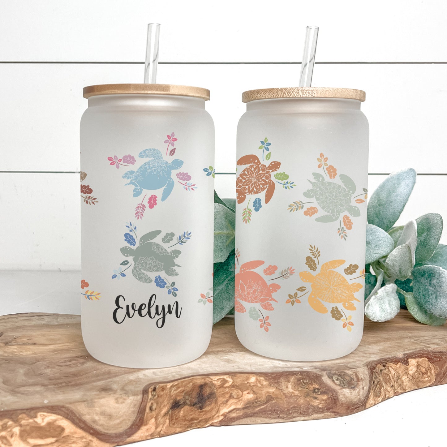 Personalized Mandala Turtle Frosted Glass Cup - Tumbler Gift for Turtle Lovers