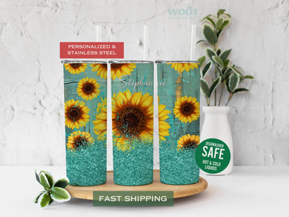 Personalized Teal Sunflower Tumbler - Gift for Her or Sunflower Lovers