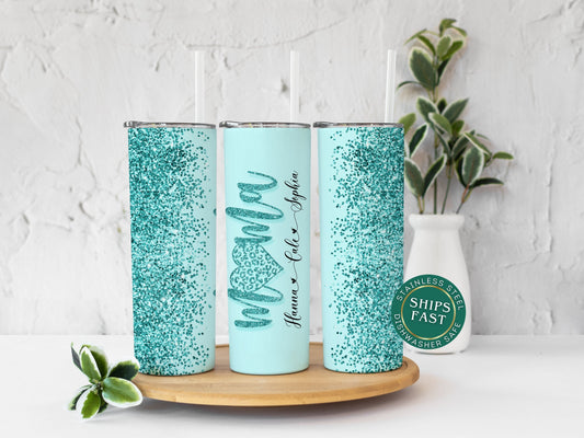 Personalized Mom Glitter Tumbler with Kids' Names - Custom Mama Gift for Mother's Day & Birthdays