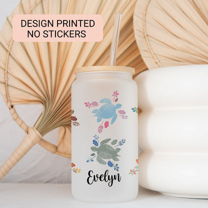 Personalized Mandala Turtle Frosted Glass Cup - Tumbler Gift for Turtle Lovers