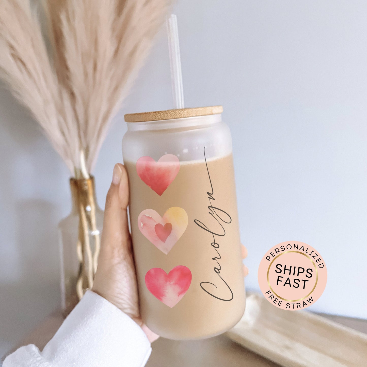 Red Heart Cup Personalized, Red Heart Glass Cup, Custom Red Heart Frosted Glass Cup, Red Heart Glass Tumbler, Red Heart Iced Coffee Cup Gift