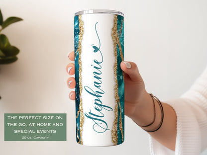 Personalized Teal Agate Tumbler - Custom Name Gift for Her or Mom