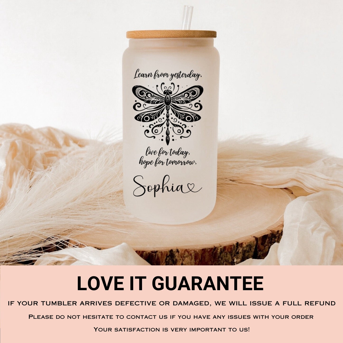 Personalized Dragonfly Glass Cup - Custom Frosted Coffee Mug with Quote