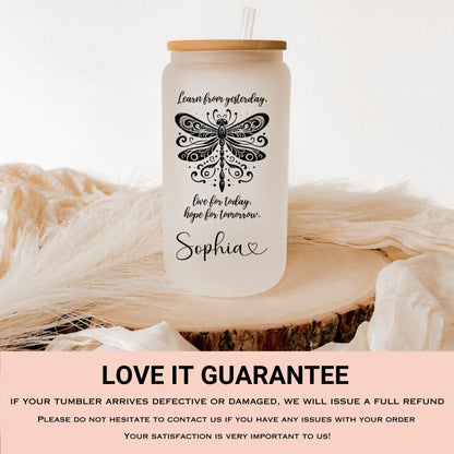 Personalized Dragonfly Glass Cup - Custom Frosted Coffee Mug with Quote