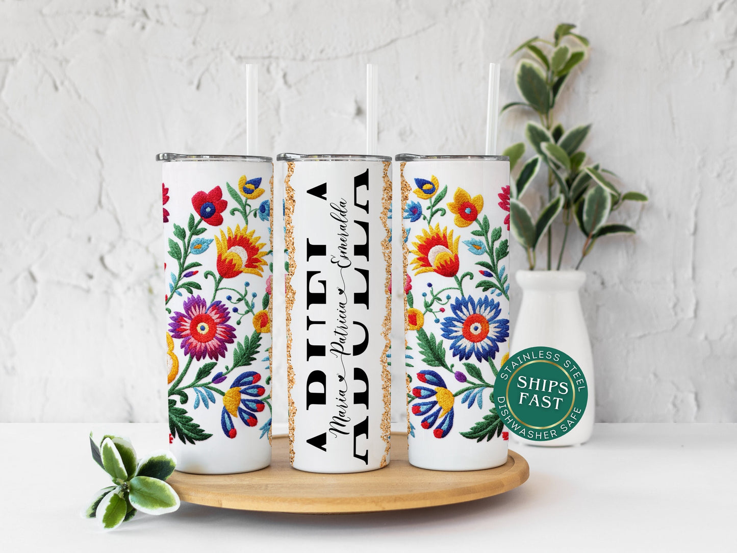 Personalized Abuela Tumbler - Custom Mexican Embroidery Travel Cup with Grandkids' Names