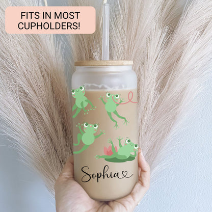 Personalized Frog Frosted Glass Tumbler - Custom Iced Coffee Cup for Frog Lovers