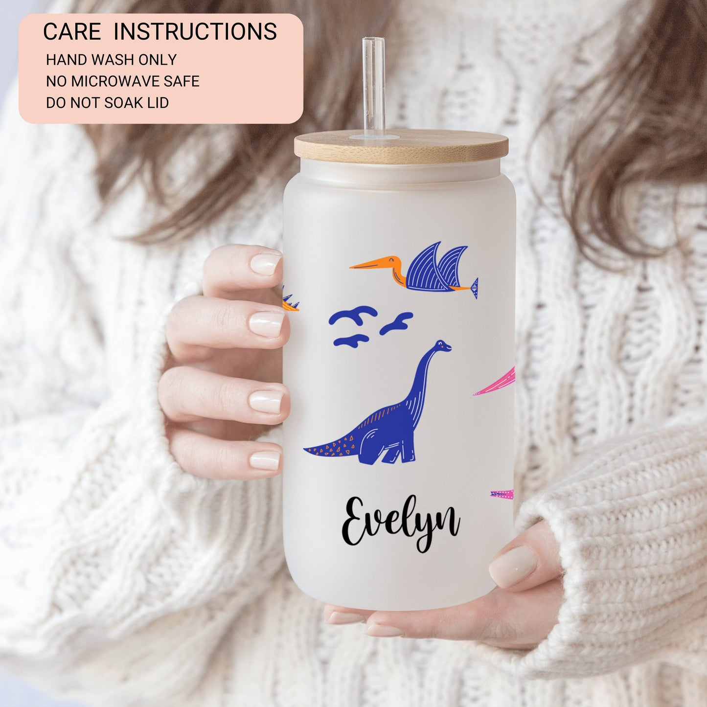 Personalized Dinosaur Frosted Glass Tumbler - Unique Iced Coffee Gift