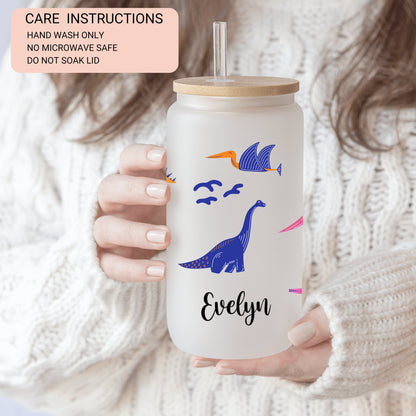 Personalized Dinosaur Frosted Glass Tumbler - Unique Iced Coffee Gift