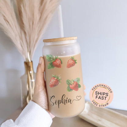 Personalized Strawberry Frosted Glass Tumbler - Custom Iced Coffee Cup for Fruit Lovers