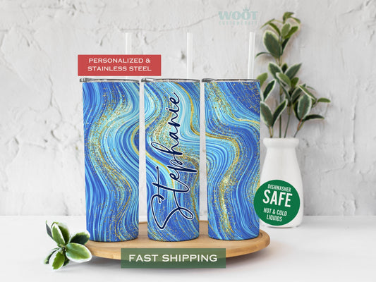 Personalized Blue Glitter Swirl Tumbler - Mothers Day or Bridesmaid Gift