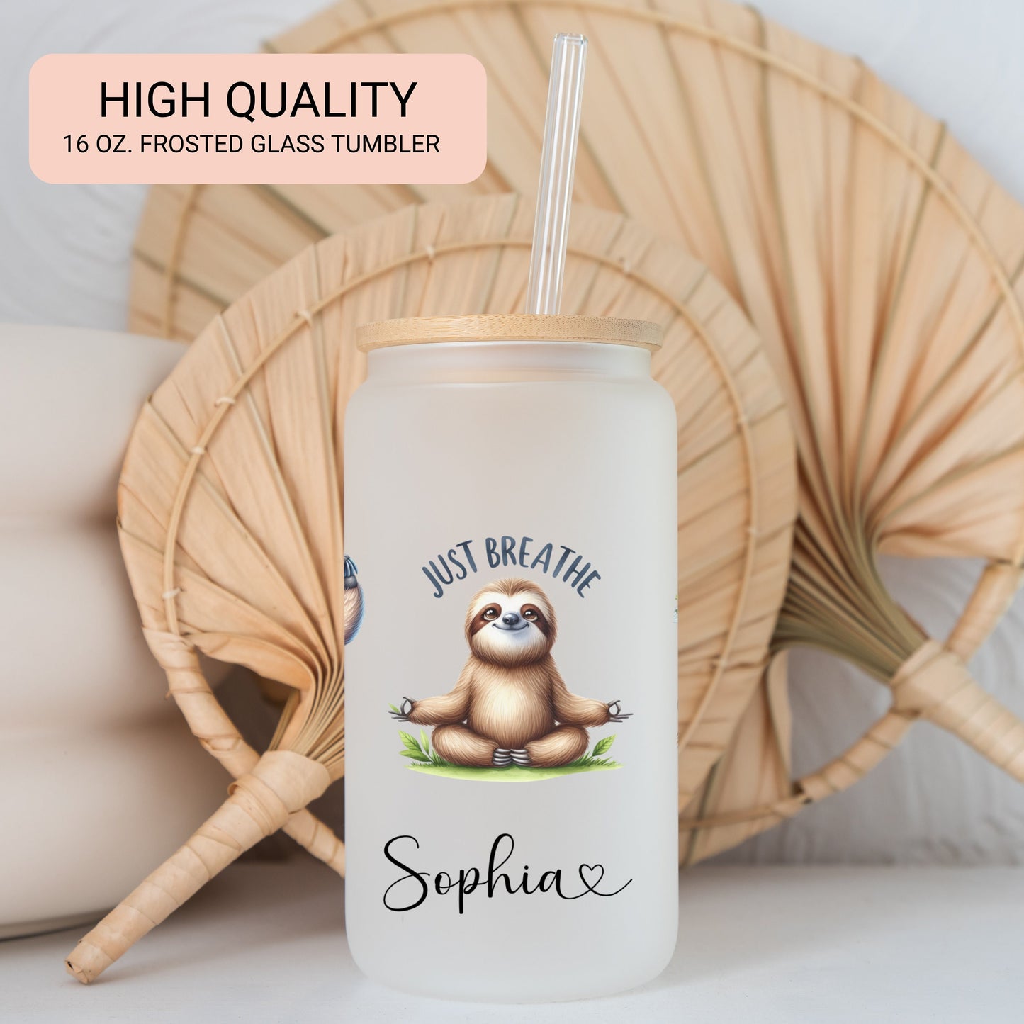 Personalized Sloth Yoga Glass Tumbler - Custom Iced Coffee Cup