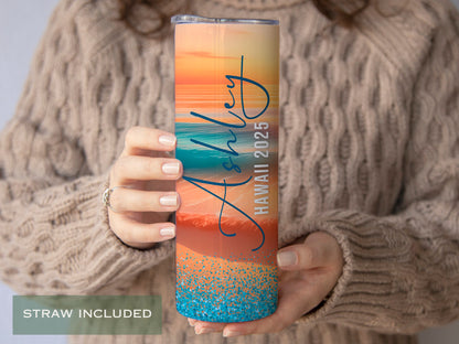Personalized Sunset Beach Tumbler - Gift for Family Vacations and Bachelorette Trips