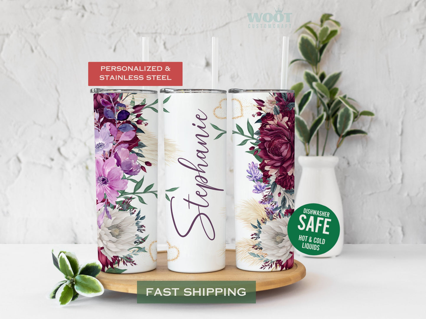 Purple Floral Tumbler - Personalized Fall Gift for Her or Purple Lovers