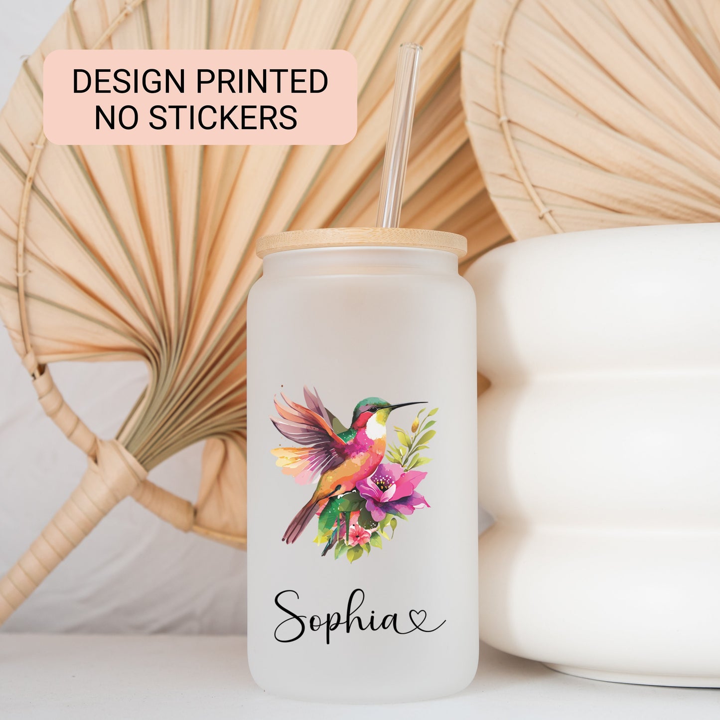 Mom Cup Hummingbird Frosted Glass Cup