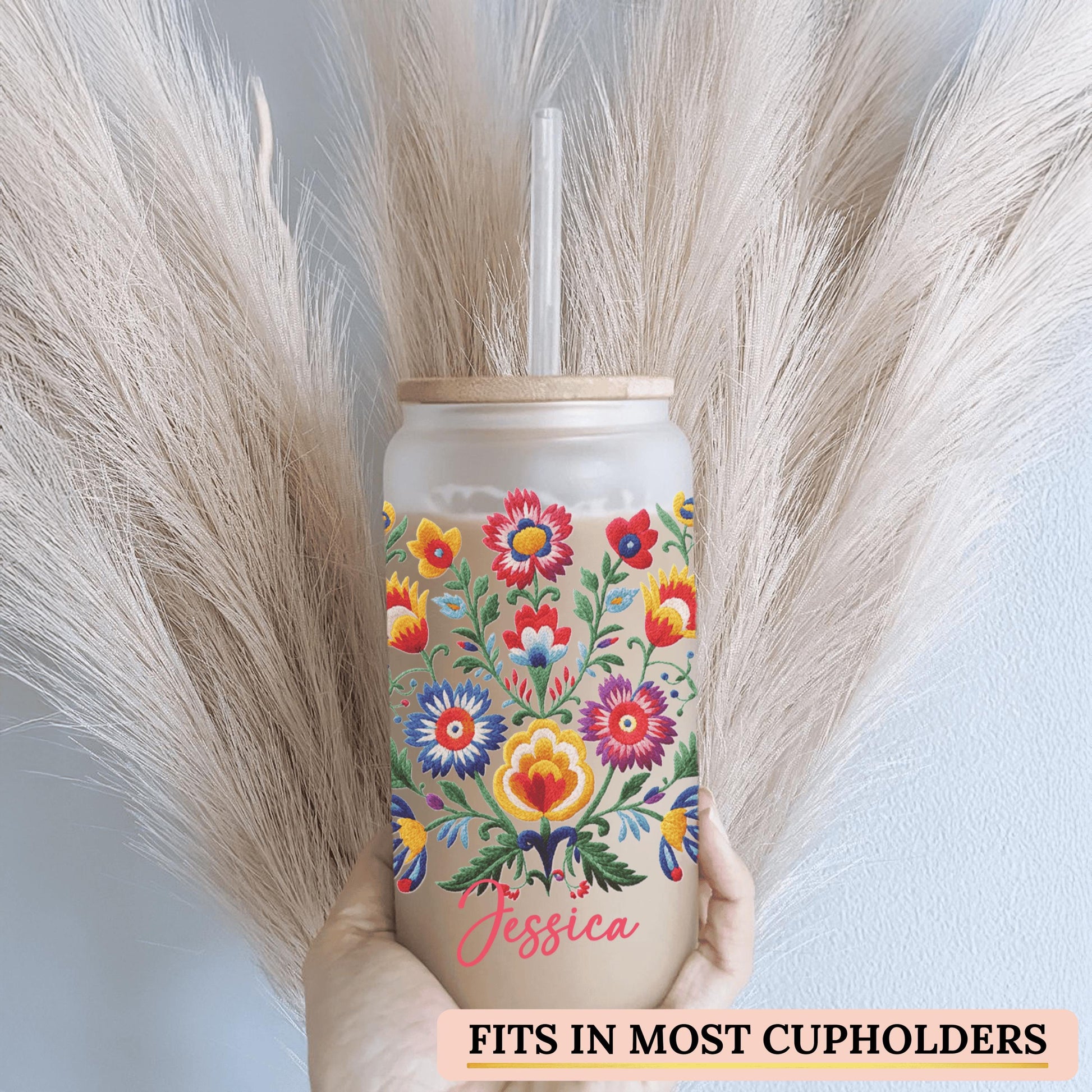 Iced coffee cup with colorful Mexican embroidery ideal for adding cultural charm to your daily drinkware collection