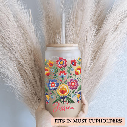 Iced coffee cup with colorful Mexican embroidery ideal for adding cultural charm to your daily drinkware collection