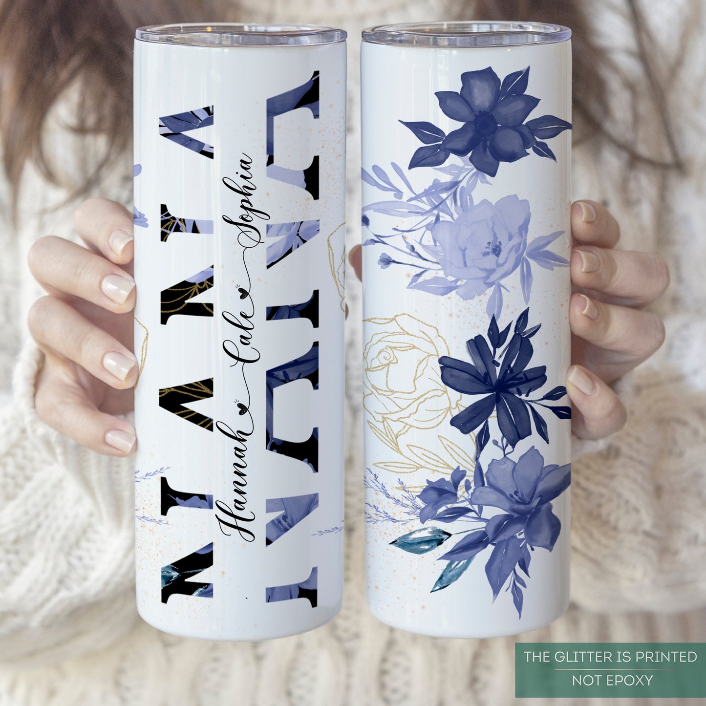 Personalized Nana Tumbler - Custom Floral Travel Cup with Grandkids' Names