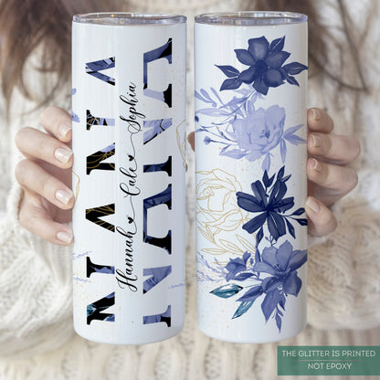 Personalized Nana Tumbler - Custom Floral Travel Cup with Grandkids' Names