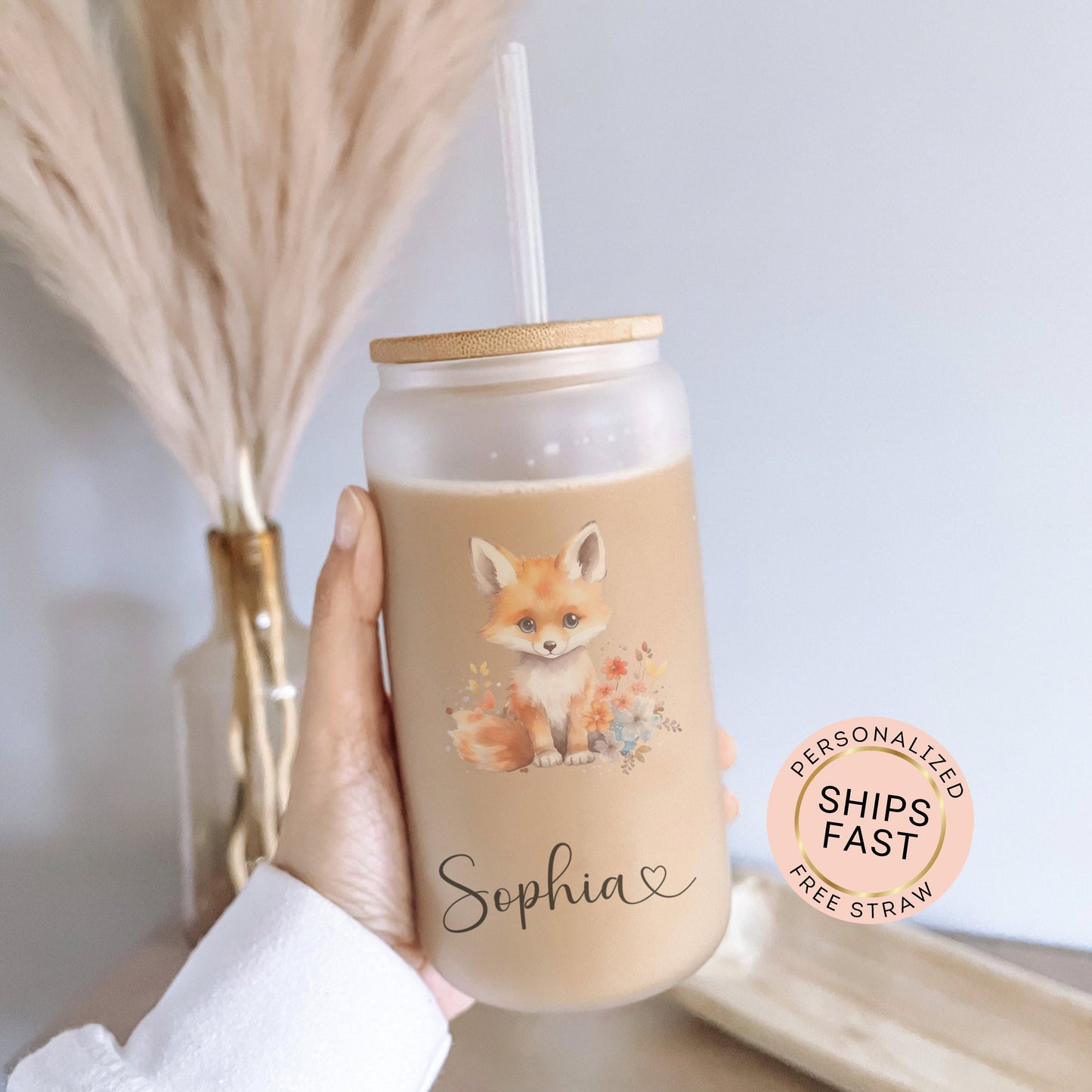 Personalized Fox Frosted Glass Cup - Custom Iced Coffee Tumbler for Fox Lovers