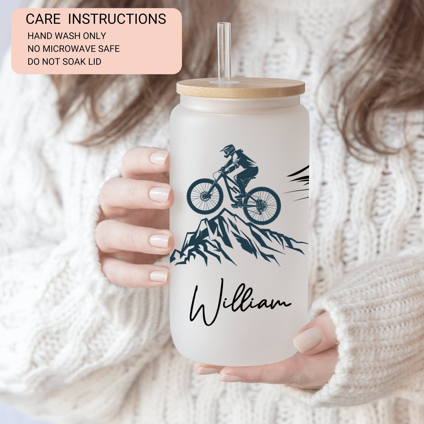 Personalized Mountain Bike Frosted Glass Cup - Custom Gift for Cycling Lovers & Enthusiasts