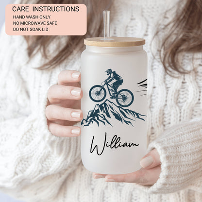 Personalized Mountain Bike Frosted Glass Cup - Custom Gift for Cycling Lovers & Enthusiasts