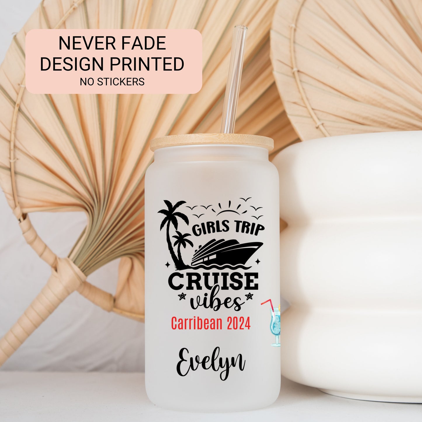 Personalized Frosted Glass Cup - Custom Cruise Tumbler for Girls Trip