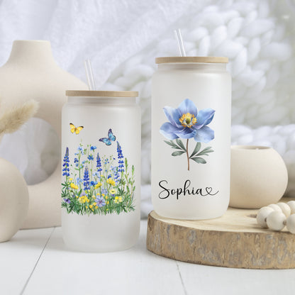 Personalized Wildflower Frosted Glass Cup - Custom Iced Coffee Tumbler