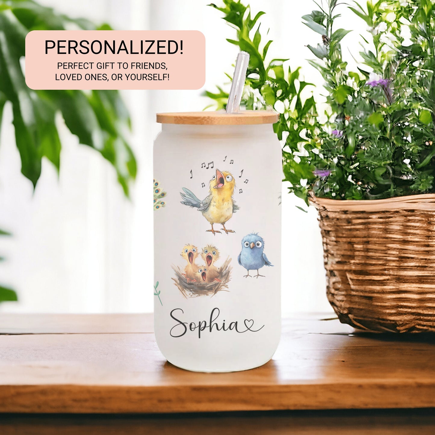 Personalized Funny Bird Glass Cup - Custom Frosted Tumbler for Iced Coffee