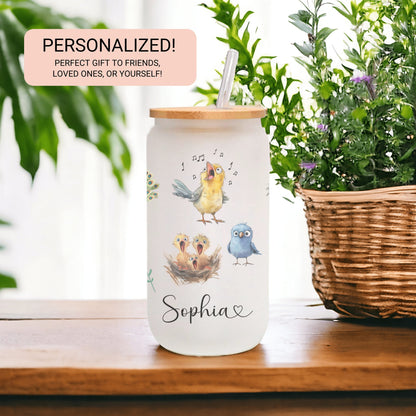 Personalized Funny Bird Glass Cup - Custom Frosted Tumbler for Iced Coffee