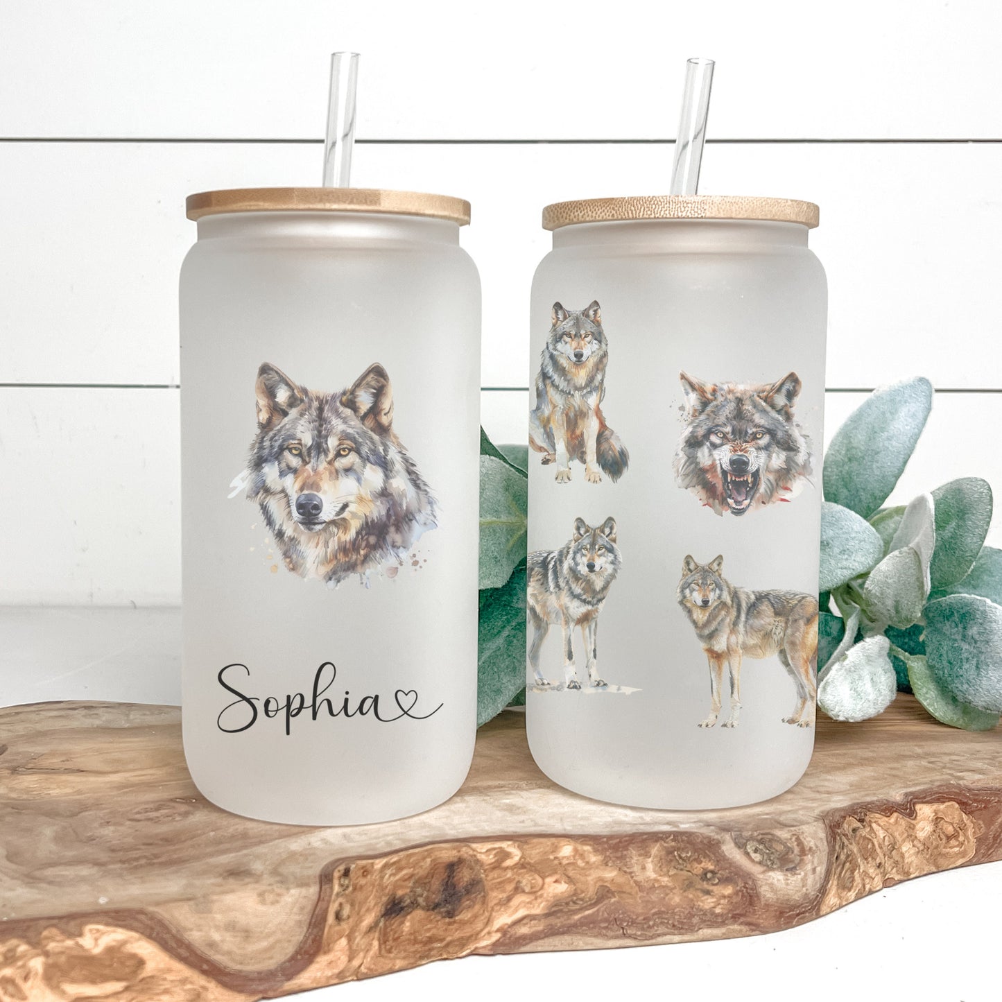 Personalized Frosted Wolf Glass Cup - Custom Iced Coffee Tumbler