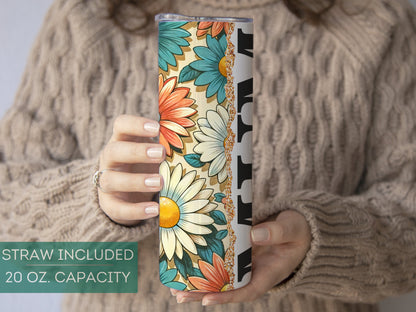 Personalized Retro Flower Tumbler - Custom Mum Gift with Kids' Names for Mothers Day