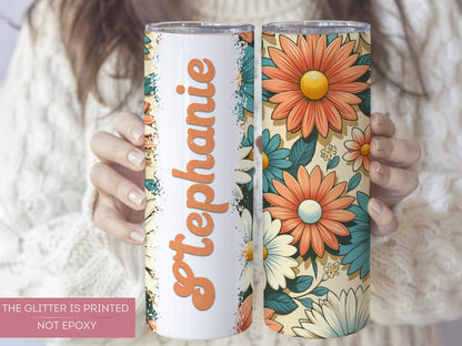 Personalized Retro Floral Tumbler - Custom Vintage Daisy Groovy Gift