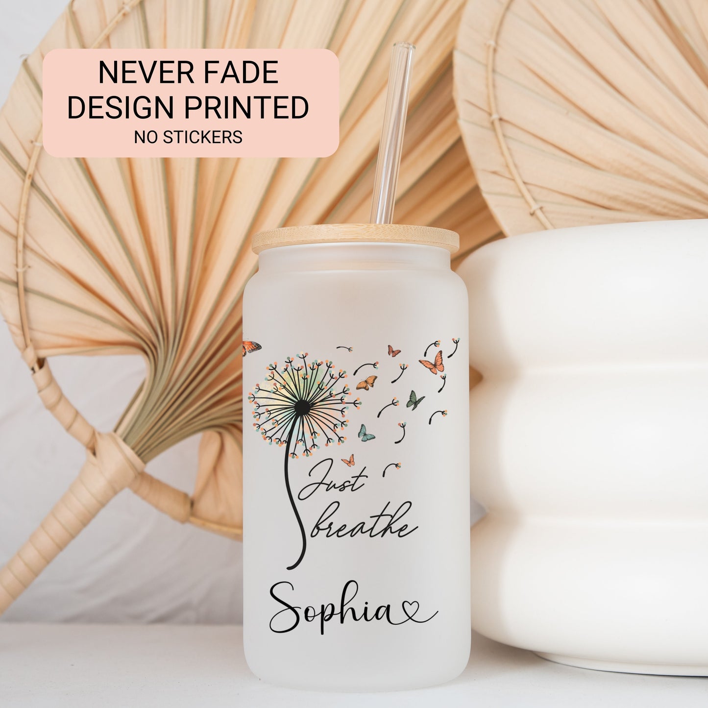 Personalized Just Breathe Frosted Glass Cup - Custom Engraved Can Gift
