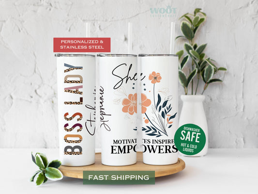 Three tumblers are showing all sides of a Boss Lady Tumbler. There is a flower with the text she motivates, inspires, empowers, and a personalized name.