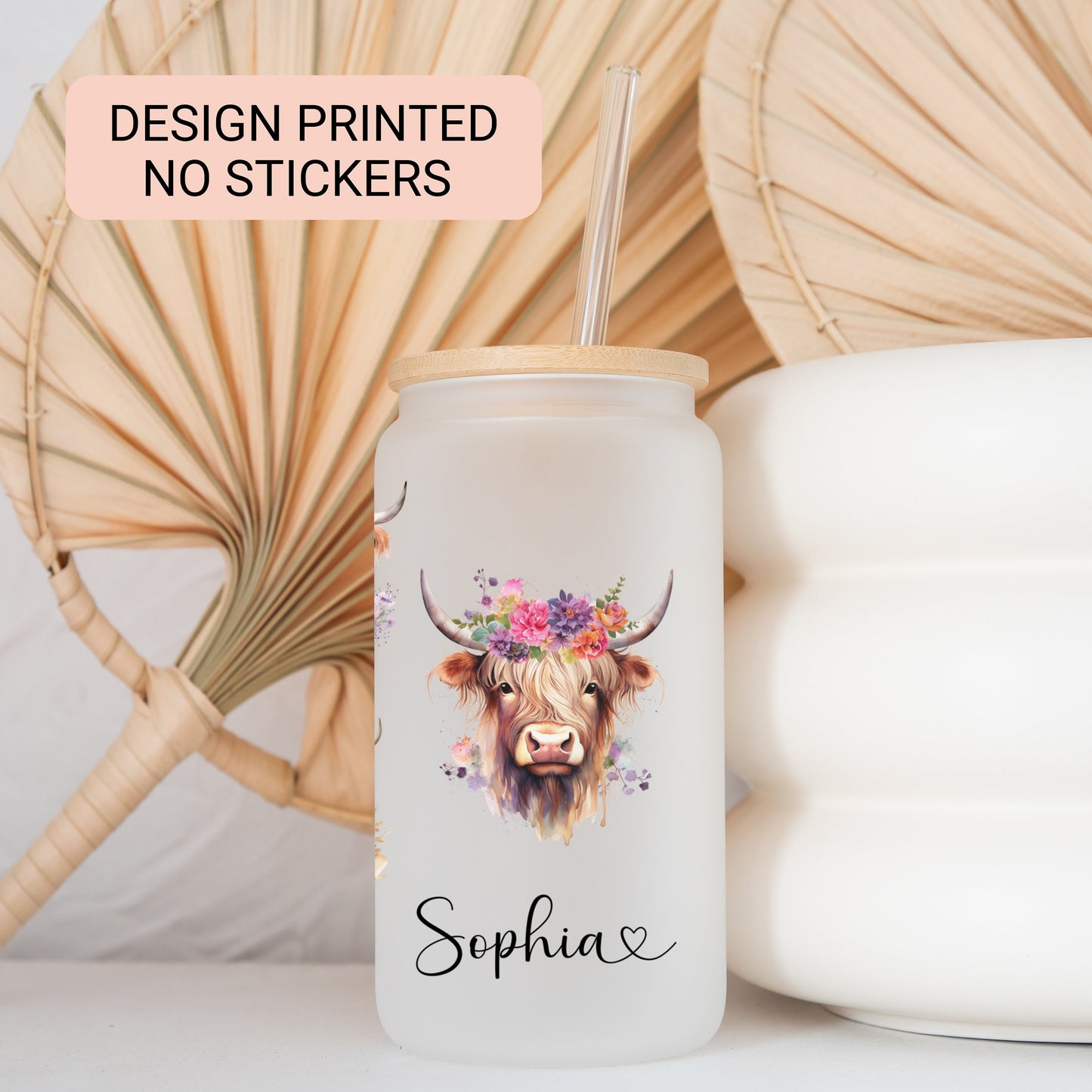 Personalized Highland Cow Frosted Glass Tumbler - Custom Iced Coffee Cup for Cow Lovers