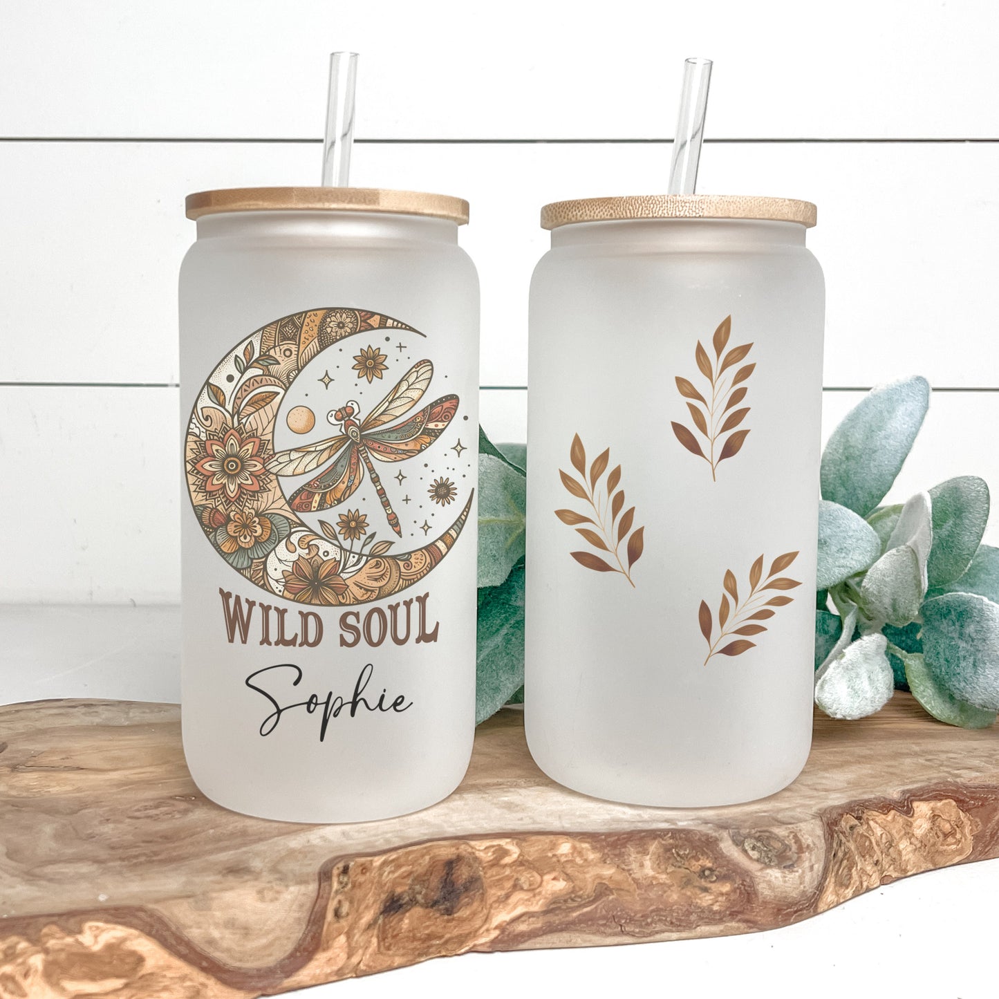Personalized Dragonfly Glass Cup - Custom Positive Quote Frosted Design