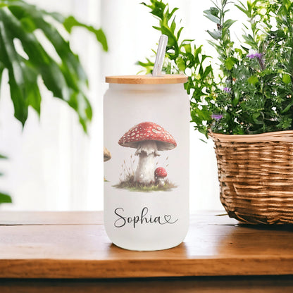 Personalized Retro Mushroom Frosted Glass Cup - Custom Tumbler for Iced Drinks