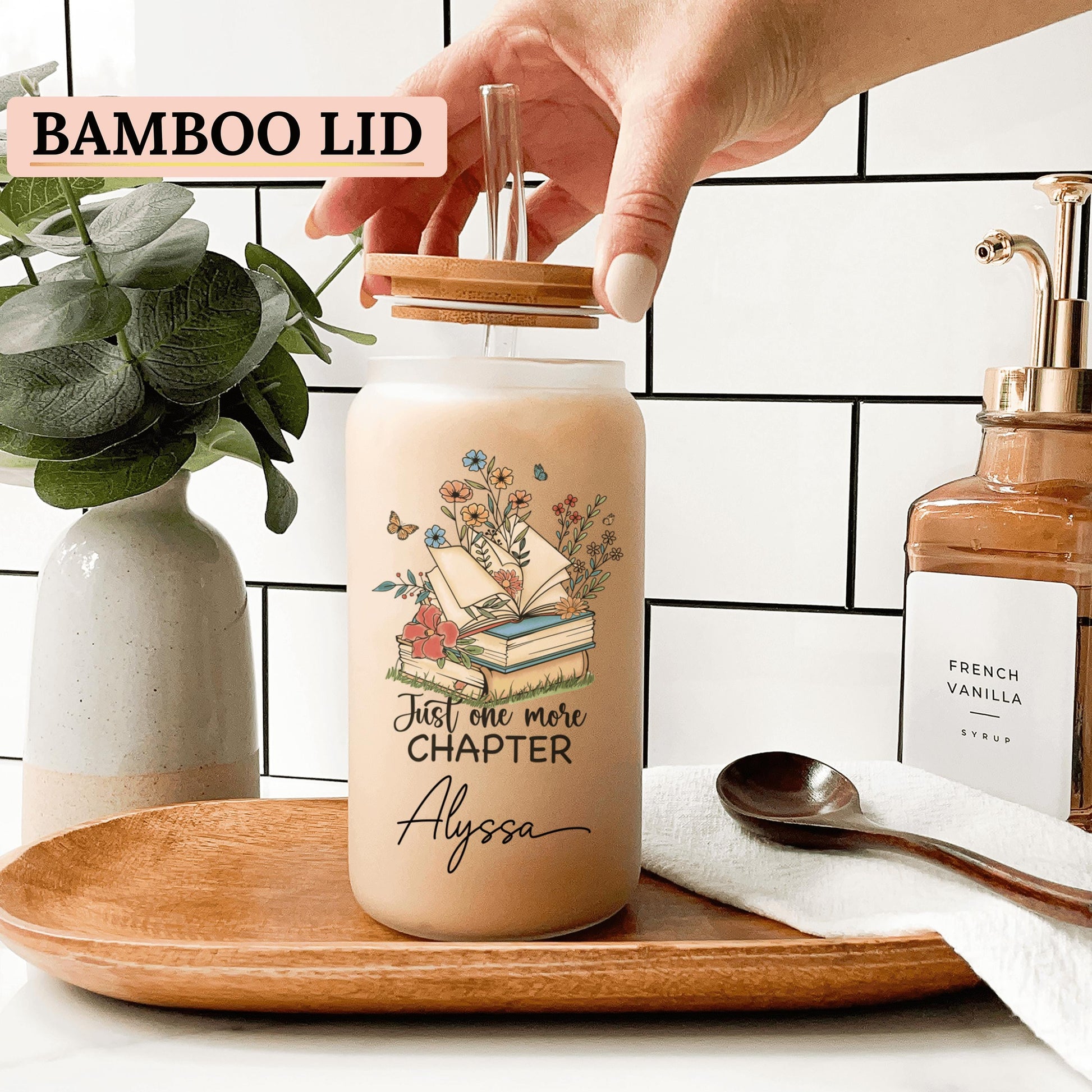 Just One More Chapter glass can tumbler designed for bookworms great as a stylish and functional reading accessory