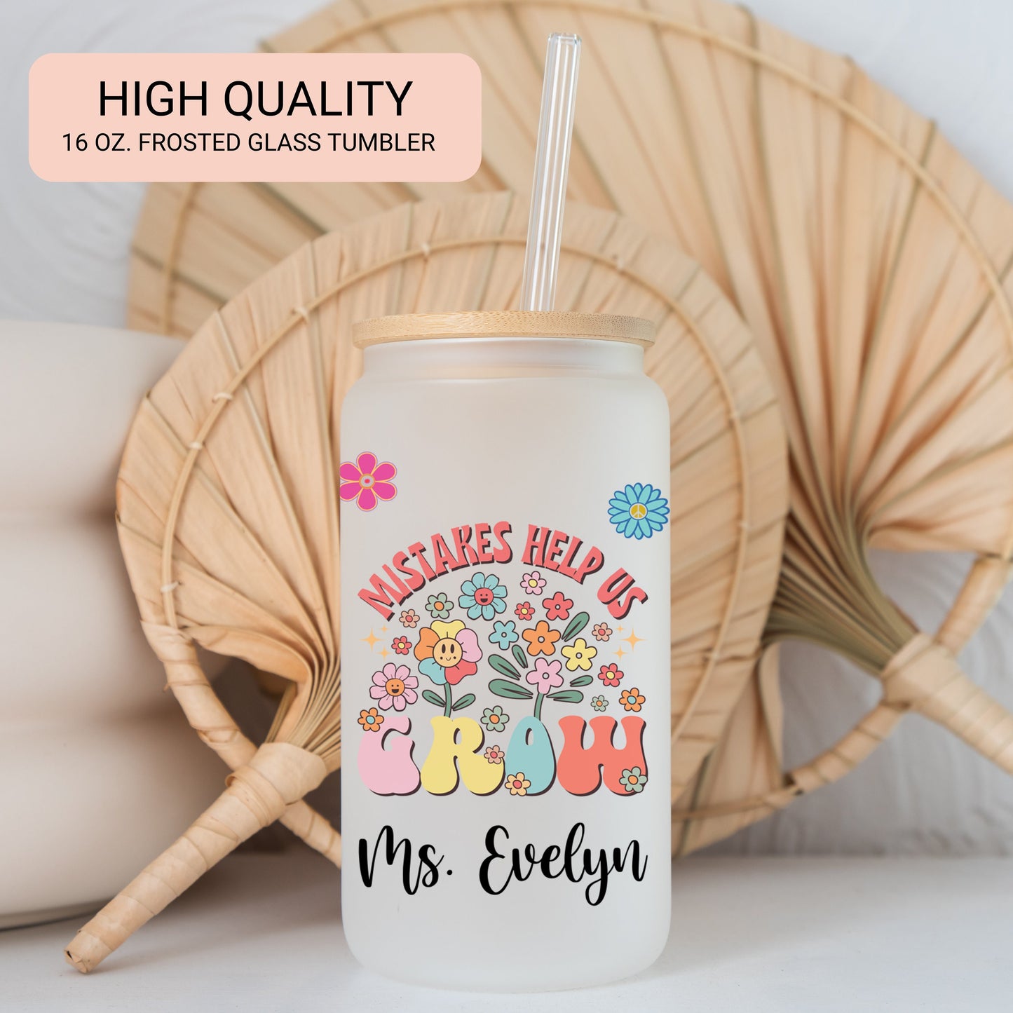 Personalized Teacher Frosted Glass Tumbler - Custom Iced Coffee Cup Gift