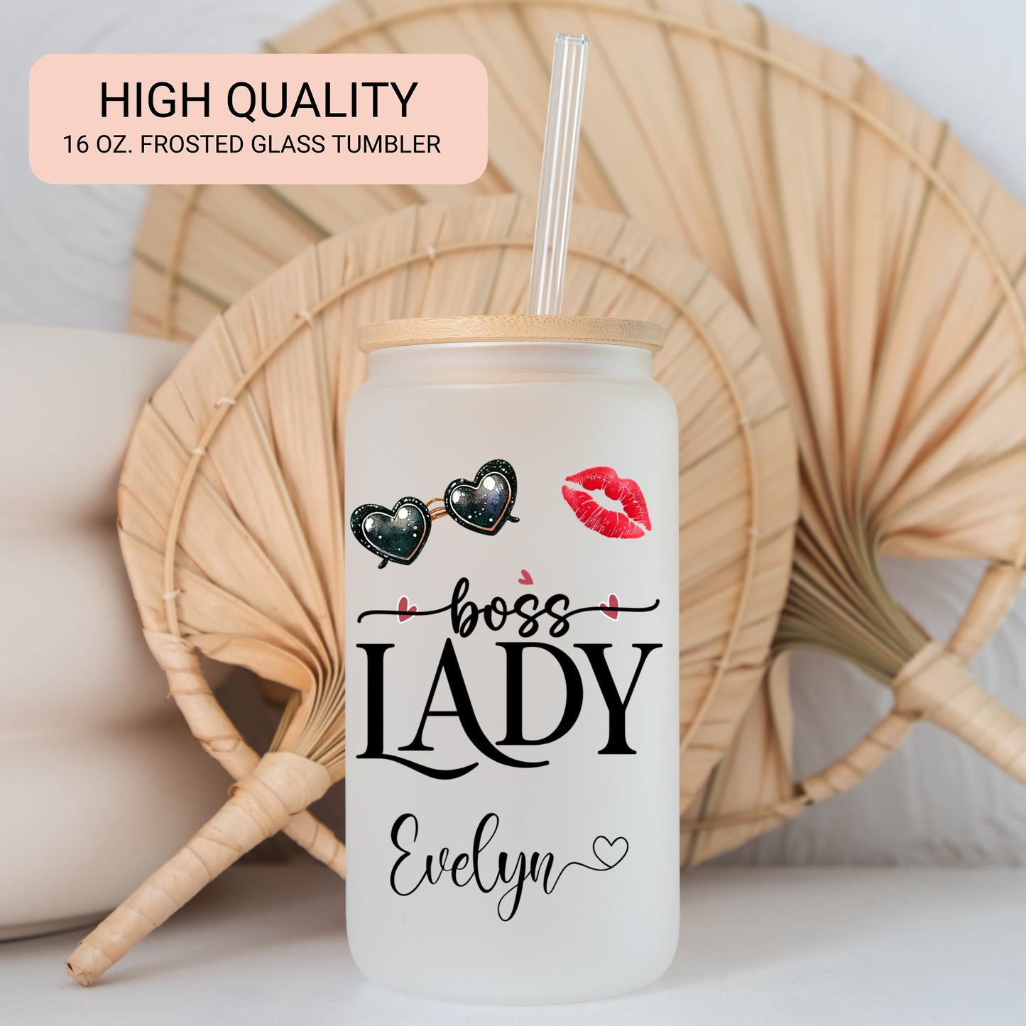 Lady Boss Cup Personalized, Lady Boss Glass Cup, Custom Lady Boss Frosted Glass Cup, Lady Boss Glass Tumbler, Lady Boss Iced Coffee Cup