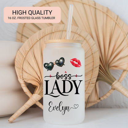 Lady Boss Cup Personalized, Lady Boss Glass Cup, Custom Lady Boss Frosted Glass Cup, Lady Boss Glass Tumbler, Lady Boss Iced Coffee Cup