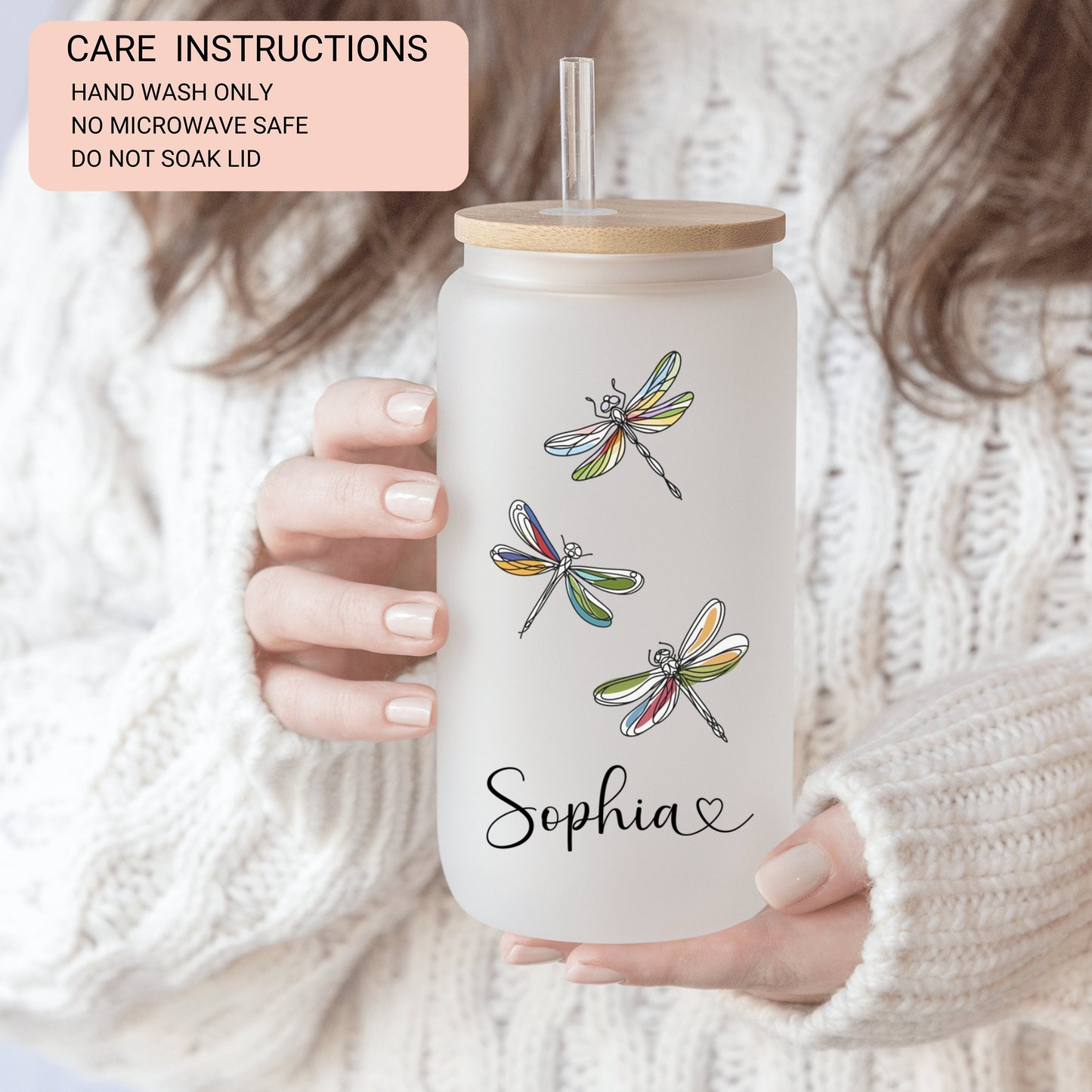 Personalized Dragonfly Glass Tumbler - Custom Iced Coffee Cup
