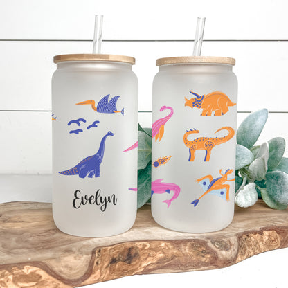 Personalized Dinosaur Frosted Glass Tumbler - Unique Iced Coffee Gift