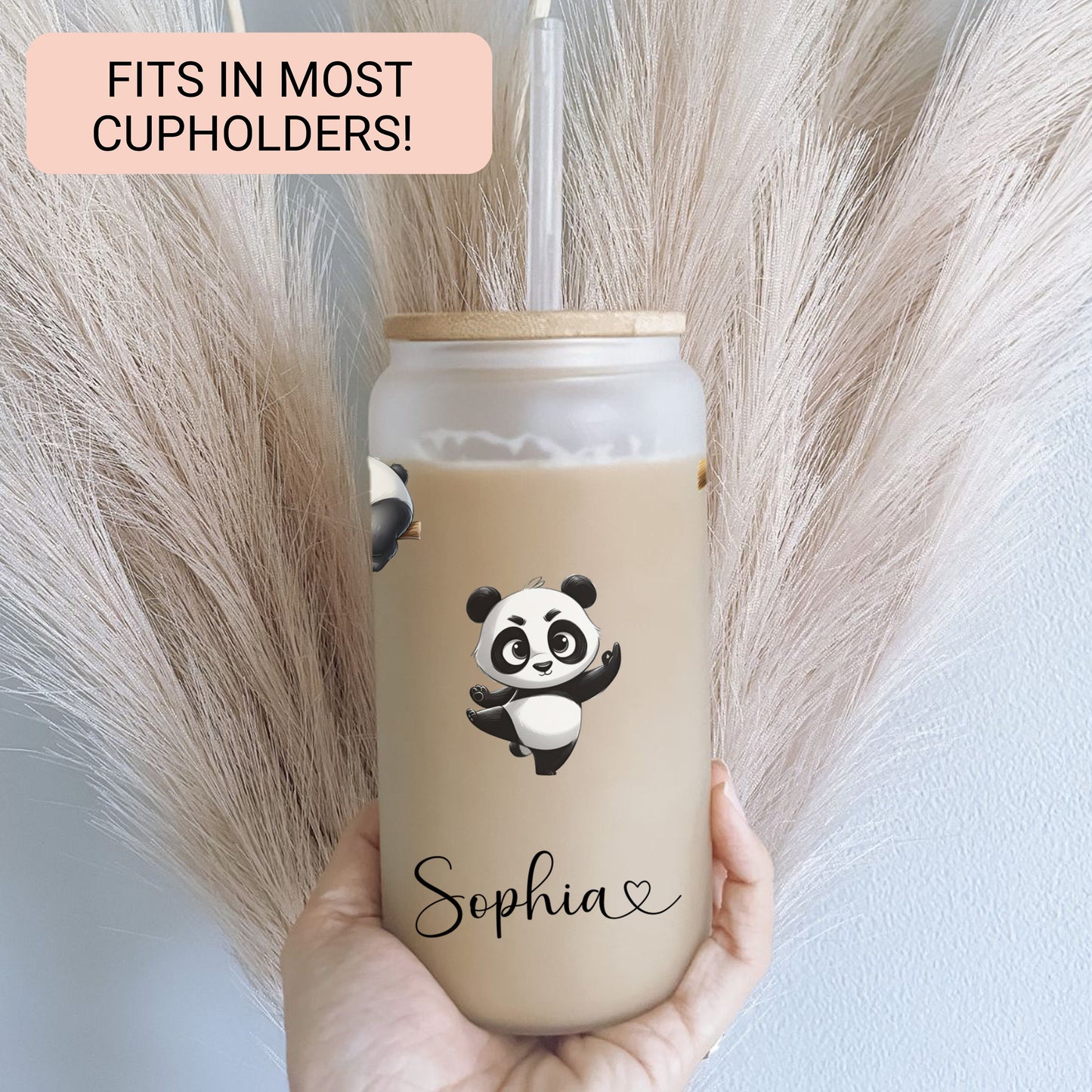 Personalized Frosted Panda Glass Cup - Custom Iced Coffee Tumbler for Panda Lovers
