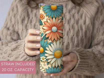 Personalized Retro Floral Tumbler - Custom Vintage Daisy Groovy Gift