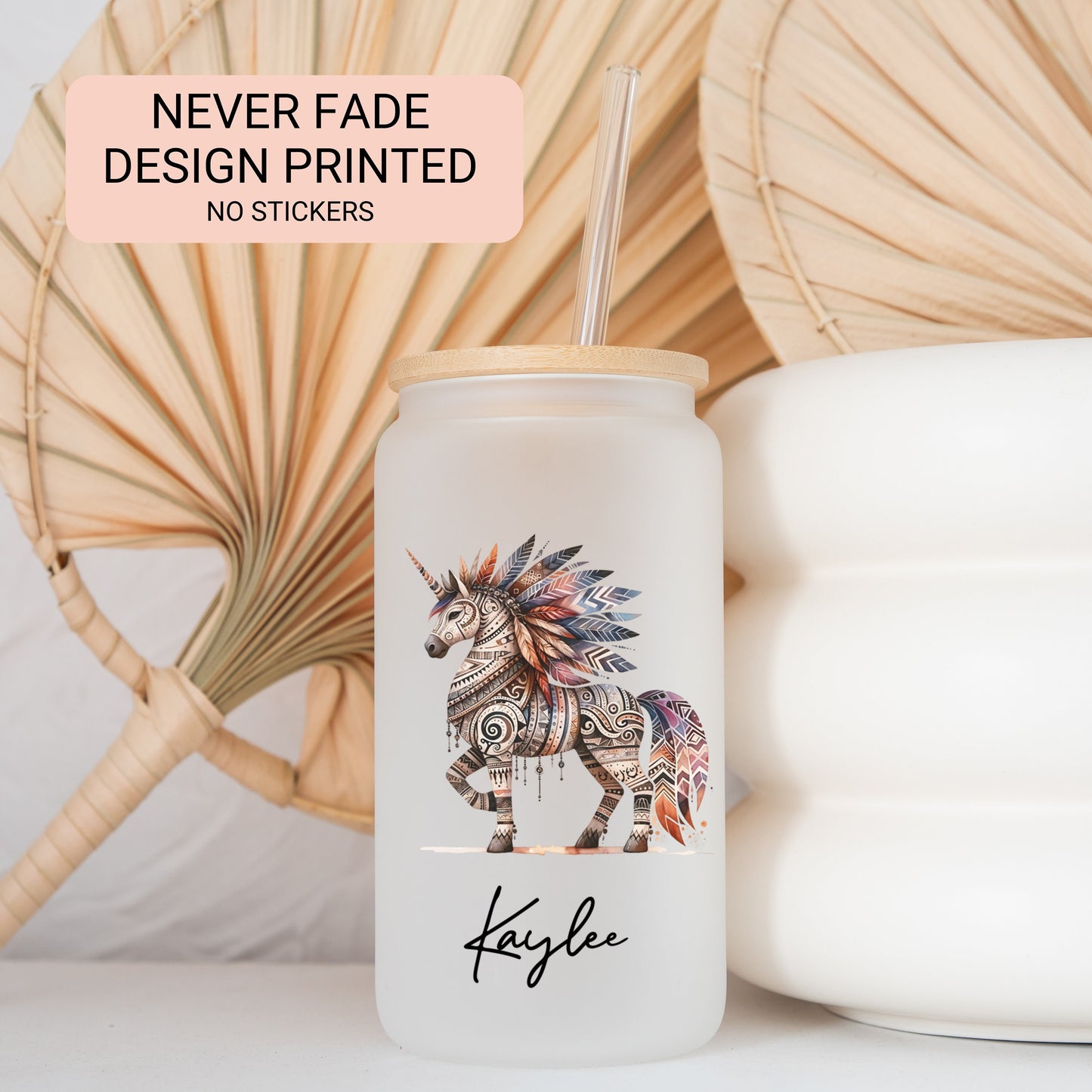 Personalized Unicorn Frosted Glass Cup - Custom Native Unicorn Tumbler for Iced Coffee Lovers