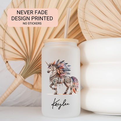 Personalized Unicorn Frosted Glass Cup - Custom Native Unicorn Tumbler for Iced Coffee Lovers