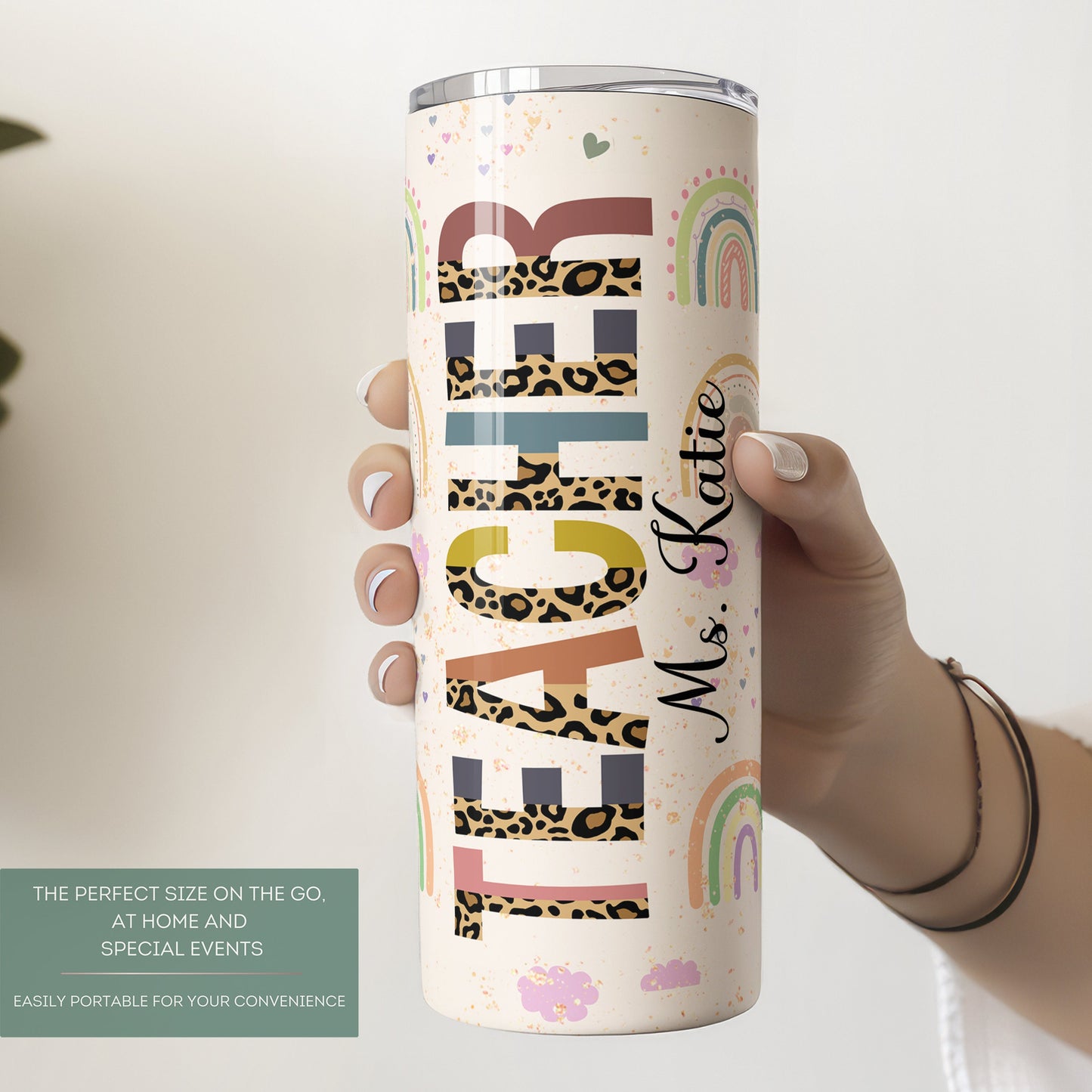 Custom Rainbow Teacher Tumbler - Personalized Travel Cup Gift for Educators