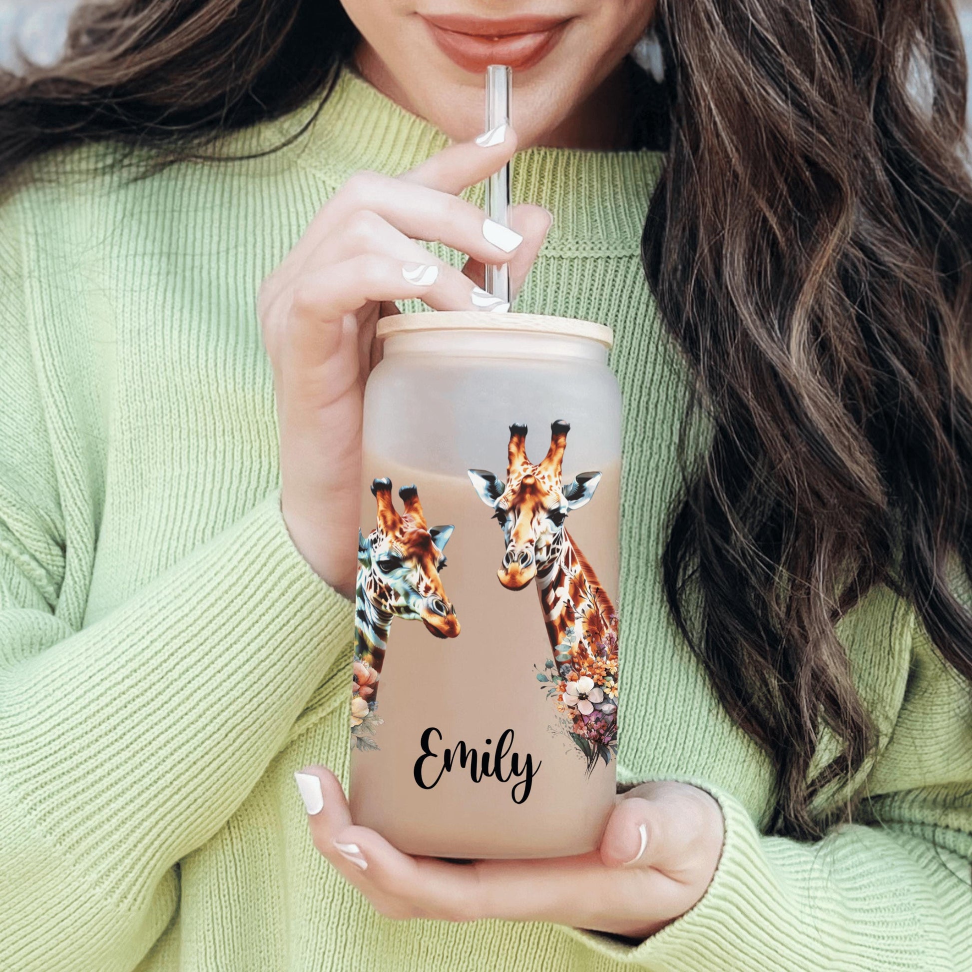 Unique frosted giraffe cup with a custom name ideal as a fun and practical gift for coffee and tea lovers