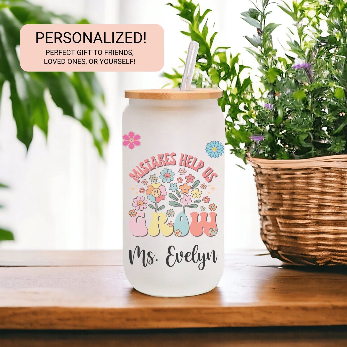 Personalized Teacher Frosted Glass Tumbler - Custom Iced Coffee Cup Gift
